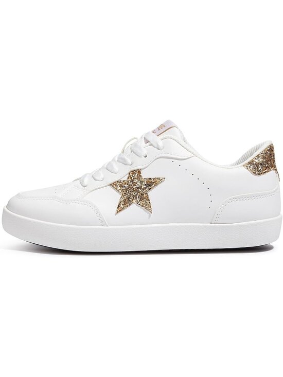 Shoes - Women's White/Gold Glitter Stylish Sequins Lace-Up Low Top Fashion Star Sneakers